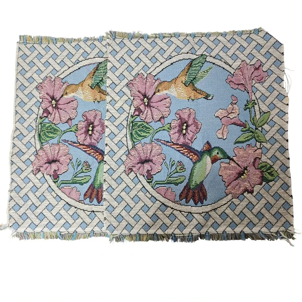 Vintage 90s Hummingbird Floral Tapestry Woven‎ Textile Panel Cottagecore Decor